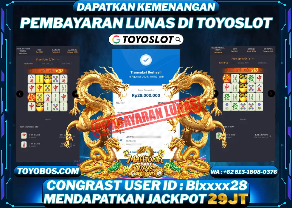 TOYOSLOT - BUKTI KEMENANGAN Mahjong Ways Rp29,000,000,- LUNAS